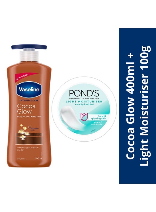 Vaseline Winter Care Combo: Cocoa Glow Lotion, 400Ml With Ponds Light Moisturiser 100G, For Soft & Glowing Skin - Image 2